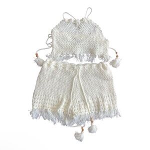 Boutique Women’s 2-Piece Crochet Fringe Set SZ M Cream Boho
